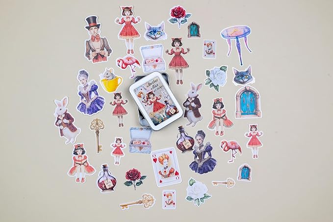 42 Pcs Another Alice Sticker Set with Collectible Tin Box – Vintage Inspired Scrapbooking Stickers for Journals, Planners, Cards, DIY Crafts, Collage, Decorative Stationery & Creative Projects