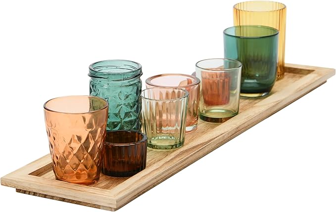 Creative Co-Op Round Glass Votive Holders on Wood Tray, Yellows & Greens, Set of 9