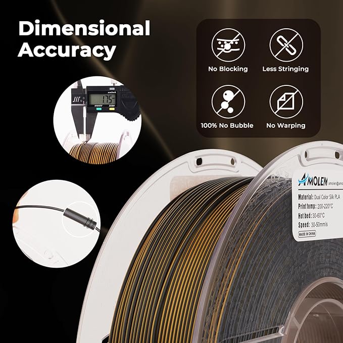 AMOLEN Silk PLA 3D Printer Filament, Dual Color Black Gold PLA 1.75mm, Shiny Color Change Filament 3D Printing PLA Filament for Most FDM 3D Printer, 1kg Spool(2.2lbs)