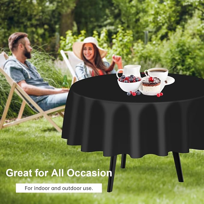 QIKSION Black Round Tablecloth 2 Pack, 84 Inch Plastic Table Cover Disposable for Parties
