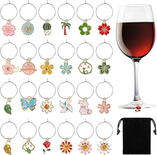 SANNIX Spring Floral Wine Charms - 24pcs Stem Glass Charms for Wine Tasting Party Decorations