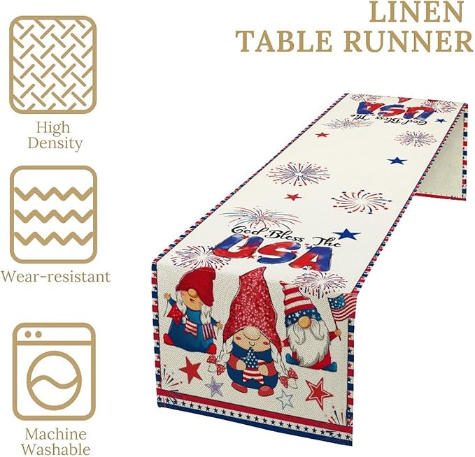 Cute Patriotic Gnomes Table Runner, American Independence Day 4th of July Gnome Blue Red Fireworks Confetti Print Table Runner for Home Kitchen Dining Table Party Decor, 13x36inch
