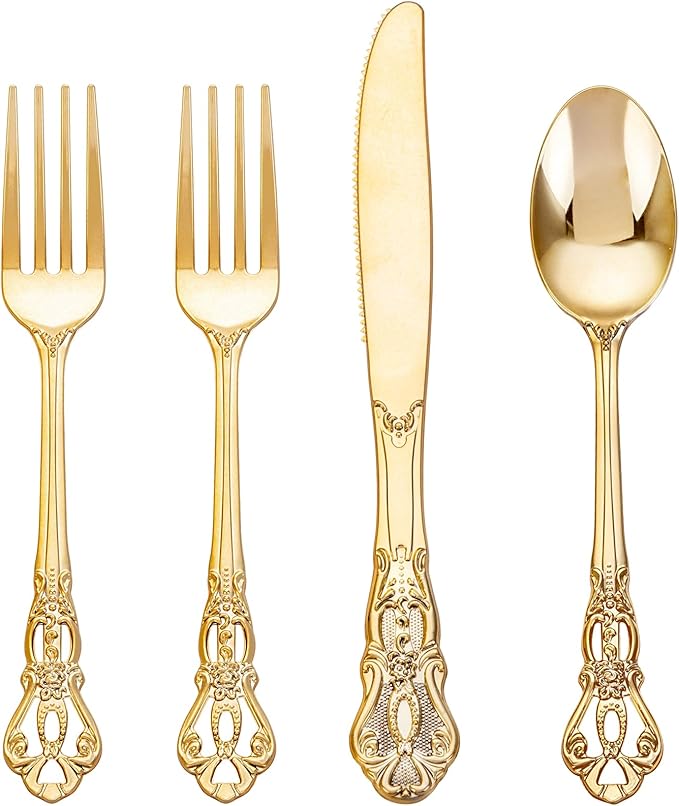 200PCS Gold Plastic Silverware - Heavy Duty Elegant Disposable Utensils - Gold Plastic Cutlery Set Includes 100Forks, 50Spoons, 50Knives for Dinner, Parties, Weddings