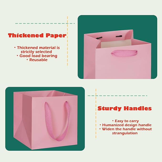 ADIDO EVA Pink Square Gift Bags Medium Size Square Bottom Paper Bags with Handles for Party Favor, Shopping Bag (10x10x10 In, 10 CT)