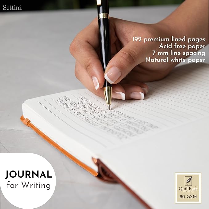 SETTINI Lined Journal, Ideal for Journaling - A5 Vegan Leather Notebook, 192 Archival-Quality Pages, QuillEase Bleed-Free Paper, Inner Pocket & Bookmark - Orange Journal for Women & Men, Orange Sun