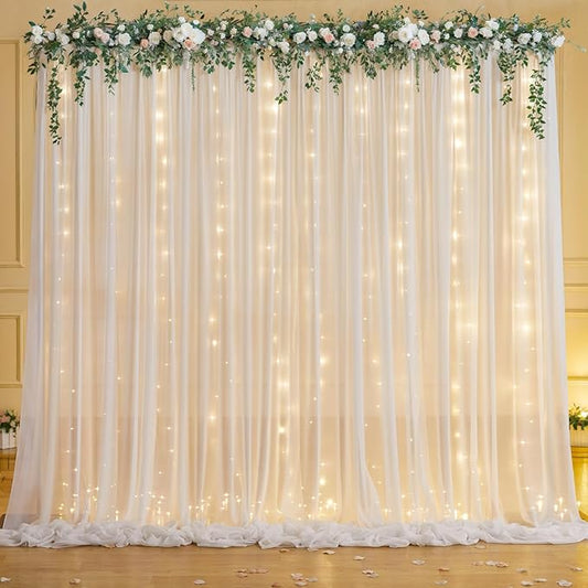 10ft x 7ft White Chiffon Backdrop Curtain with Lights String for Parites Wedding Wrinkle Free Curtain Photo Backdrops Drapes for Baby Shower Birthday Party Home Decorations