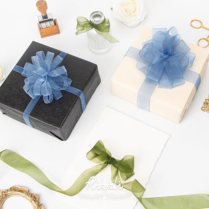 Ribbli Dusty Blue Organza Ribbon 1/2 Inches x Continuous 50 Yard Blue Sheer Ribbon for Gift Wrapping,Cookie Wrapping,Wedding Decoration