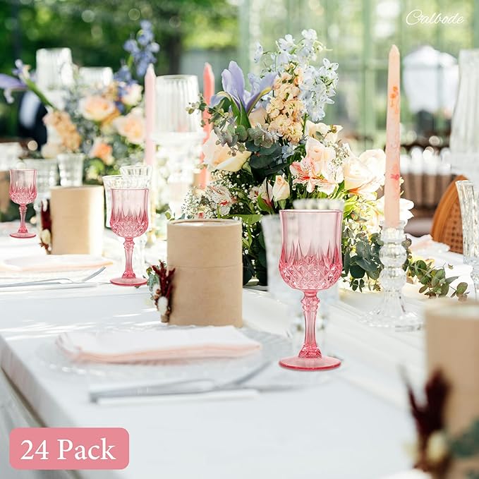 Pink Plastic Wine Glasses Set of 24 – 7oz Unbreakable Pink Plastic Goblets for Parties Reusable & Dishwasher-Safe Ideal for Weddings, Bars, and Every Celebration