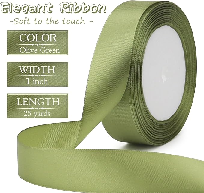 Olive Green Solid Satin Ribbon 1 Inch 25 Yards Solid Polyester Fabric Ribbon for Gift Wrapping Wedding Christmas Baby Shower Birthday Party Decoration Handmade Immortal Flower Craft