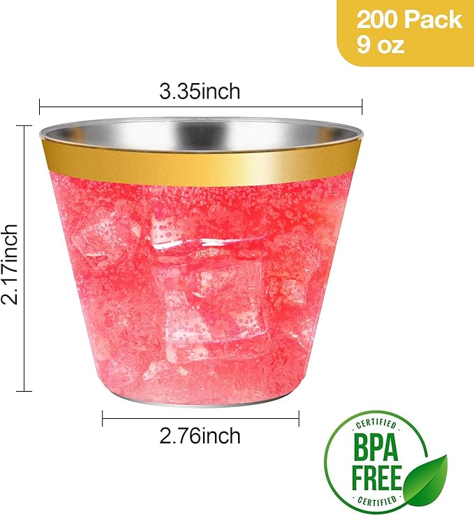 Goodluck 200PCS 9oz Gold Plastic Cups for Party, Disposable Gold Rim Cups, Plastic Cocktail Glasses for Wedding Thanksgiving, Christmas, and Parties