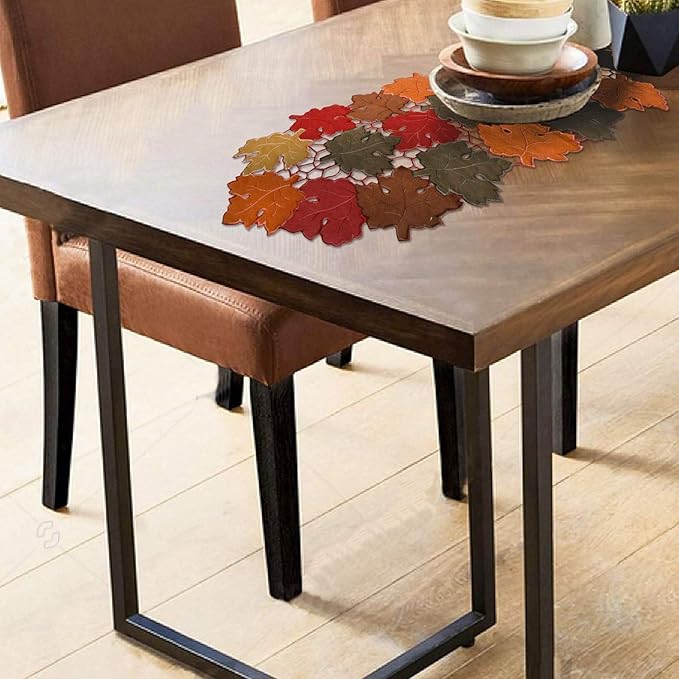 OWENIE Fall Table Runner 36 Inches Long, Short Small Thanksgiving Table Runner for Coffee Table, Embroidered Cutwork Harvest Leaves Autumn Farmhouse Kitchen Decorations , 13 x 36 Inches