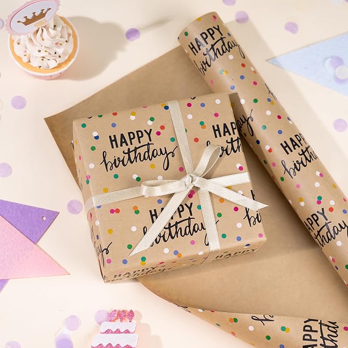 LeZakaa Birthday Kraft Wrapping Paper Roll, Happy Birthday Lettering & Colored Polka Dots Kraft Design for Holiday, Party, Baby Shower, 17 inches x 32.8 Feet (46.45 sq.ft.)
