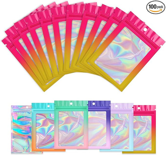 Funfery 100 Pack Gradient Holographic Bags,Resealable Bags with Zipper,Clear Window Packaging Pouchs,Foil Bag for Food Storage,Sample Jewelry Baggies(3×4.7In,Hot Pink Orange)