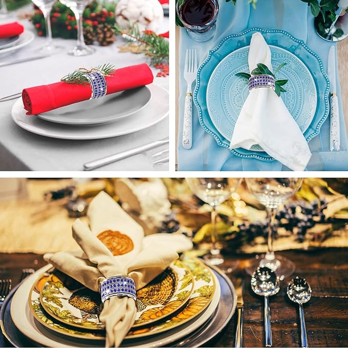Rhinestone Napkin Ring Silver Diamond Napkin Rings Stainless Steel Blue Crystal Napkin Holder Set of 6 for Dinner,Wedding,Christmas Thanksgiving Holiday Party or Everyday Table Decoration