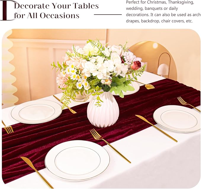 Velvet Table Runner 20 x 120 Inches 10ft Luxurious Thick Soft Velvet Christmas Thanksgiving Wedding Reception Table Runner for Party Reception Decorations(Burgundy, 6 Pack)
