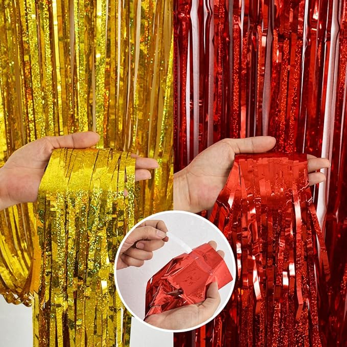 BEISHIDA 4 Pcs Red and Gold Party Streamers Fringe Foil Curtain Backdrop Tinsel Background Party Decoration for Chinese New Years Graduation Birthday Wedding Anniversary Christmas Party Decoration