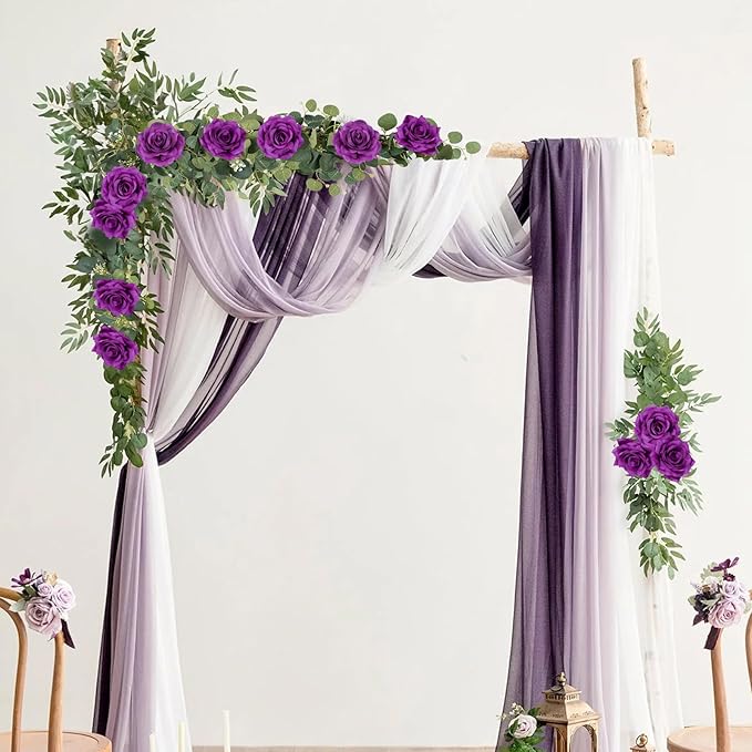 MACTING 2 Pack 13.2FT Eucalyptus Garland with Lights - Spring Gypsophila Flower Garlands with 24 Purple Roses Artificial Floral Greenery Vines for Arch Table Centerpieces Backdrop Party Wedding Decor