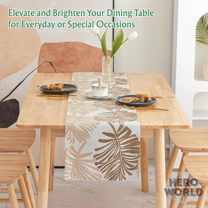 Monstera Leaf Table Runner – Elegant Fabric Table Centerpiece, Machine Washable, Gold or Green, 71"/83"/94" Length, 13" Width (Gold/94)