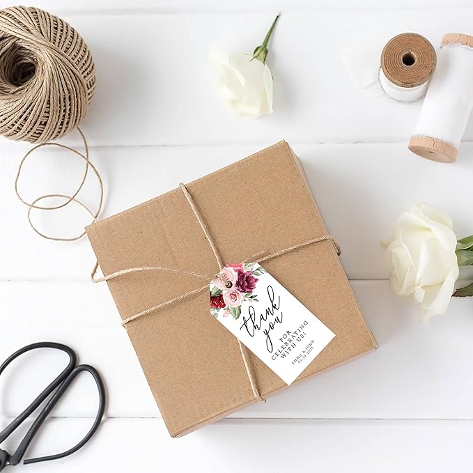 Andaz Press 100-Pack Personalized Thank You for Celebrating with Us Wedding Favor Tags with Bakers Twine Pink Burgundy Florals Custom Cardstock Wedding Gift Tags for Party Favors 2 x 3.75-Inches