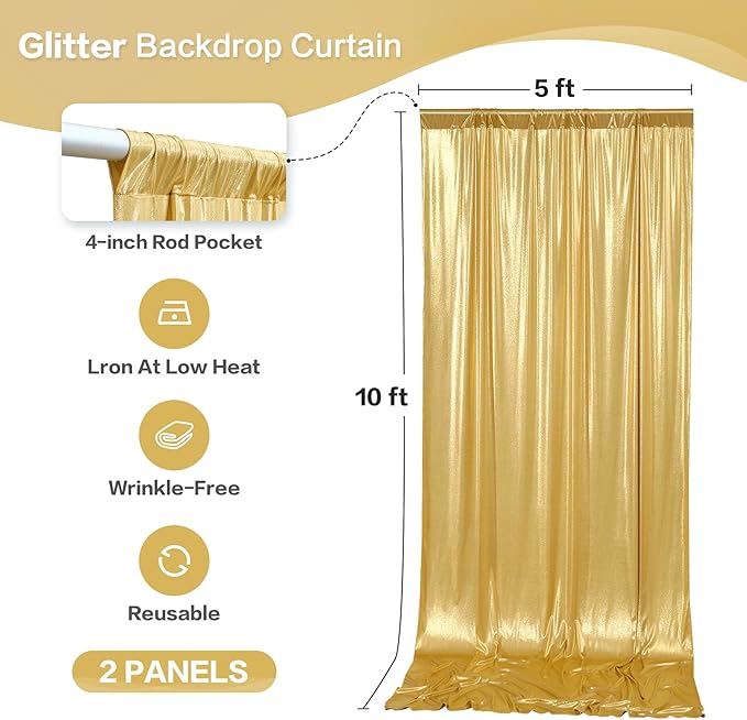 gogoparti 10x10FT Gold Sequin Backdrop Curtain - 2 Panels of 5x10FT Wrinkle-Free Glitter Drapes for Photography, Birthdays, Weddings & Graduations