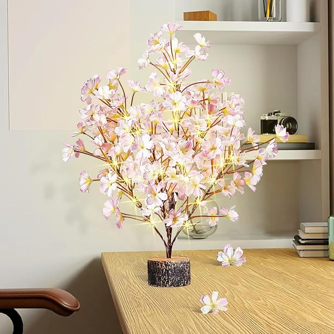 19Inch Cherry Blossom Tree Light, Lighted Artificial Tree with Pink Silk Flowers, 49 Fairy LEDs, Battery Operated Lamp with Timer for Summer Wedding Decorations