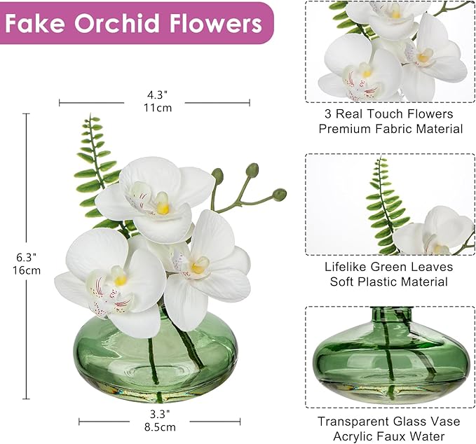 White Orchids Artificial Flowers Faux Orchids Arrangement in Light Green Glass Vases Set of 3 Real Touch Phalaenopsis Orchid Flowers Small Fake Orchid Centerpiece for Dining Room Table