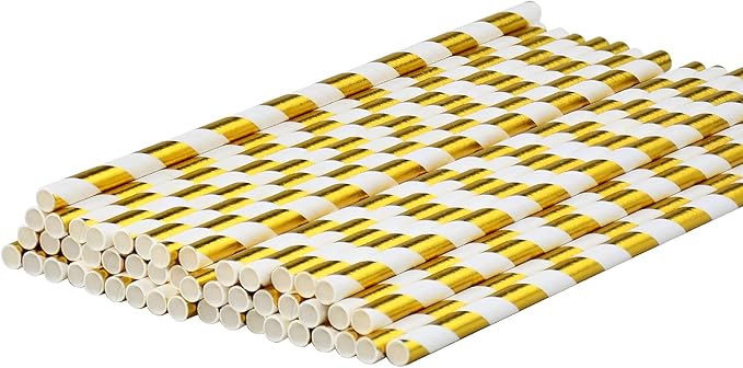 7.75 inch Gold/White Striped Paper Straws for Drinking 100 Counts for Bar, Restaurant, Wedding, Party - Unwrapped