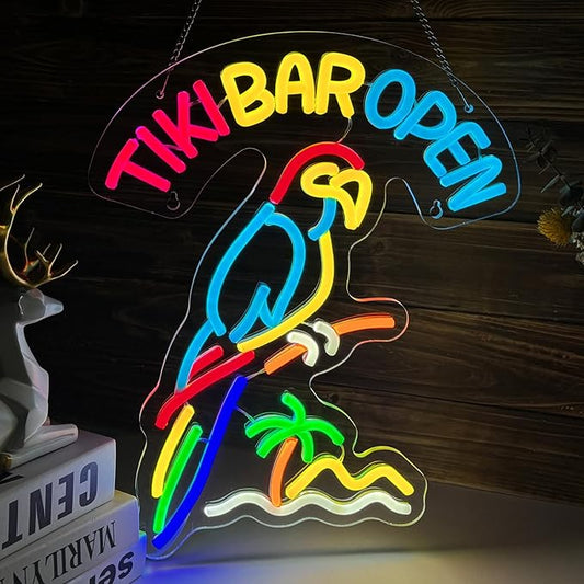 Tiki Bar Parrot Neon Sign for Wall Decor Hawaii Beach Bar LED Sign with Dimmer for Pub Party Man Cave Room Art Decor Gift USB-Powered (16.1x12.6) Inch
