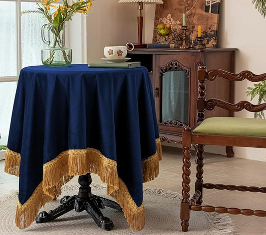 F-CHU Small Square Velvet Tablecloth with Beautiful Gold Tassels Vintage Table Cloth for Home Decor Wedding, Party, Banquet and Events 36x36-Inch，Blue