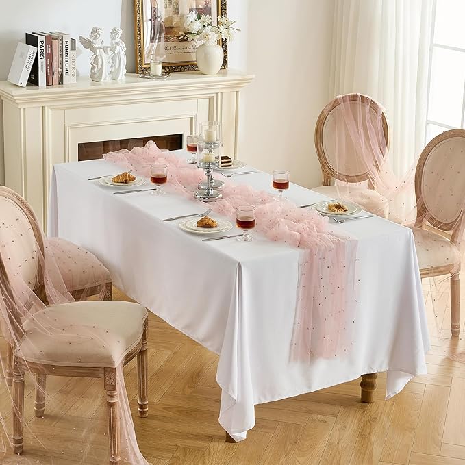 Fanami 1 Pack Pearl Table Runner -10FT Dusty Pink Boho Tulle Table Runners 120 Inches Long Rustic Sheer Lace Fabric Centerpieces for Wedding Arch Birthday Party Bridal Veil Baby Shower Decorations