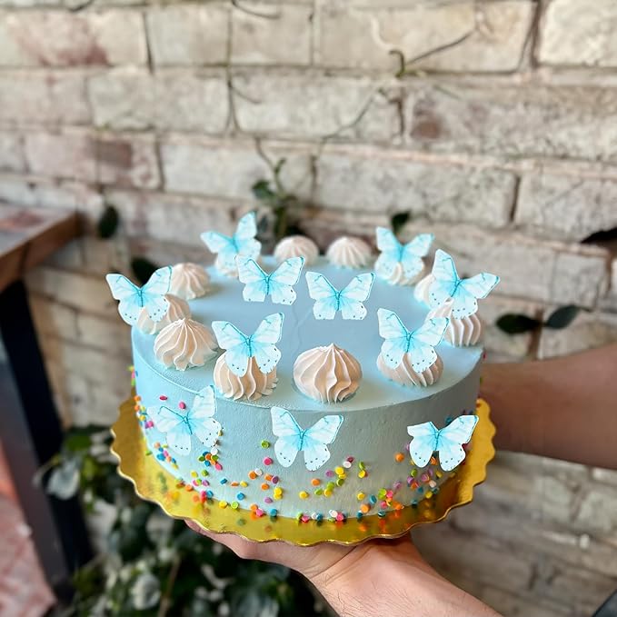 Ephlyn 48Pcs Edible Wafer Paper Butterflies for Cupcake Toppers Picks Edible Butterfly Cake Decorations for Wedding Birthday Party Baby Shower Kids Birthday Party Cake Supplies Light Blue