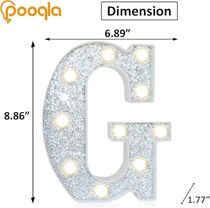 Pooqla Light Up Letters, LED Marquee Letters for Silver Birthday Decorations, Battery Powered Night Light Teenager Girl Room Decor, Gift for Girls Boys Wedding Bedroom Christmas Party Decor, Letter G