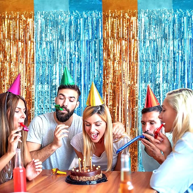 TONIFUL Orange Blue Door Streamers,Blue and Orange Photo Booth Backdrop Metallic Streamers Foil Fringe Curtain for Birthday,New Year,Graduation,Grad,Bachelorette Party Streamers Decoration