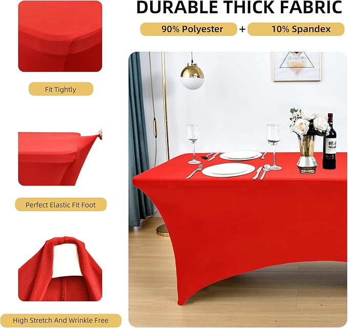 2-Pack 6ft Red Spandex Table Covers for Rectangle Standard Folding Tables - Wrinkle Resistant Stretch Tablecloths - Ultimate Fitted Table Protector for Parties, Trade Shows, Banquet