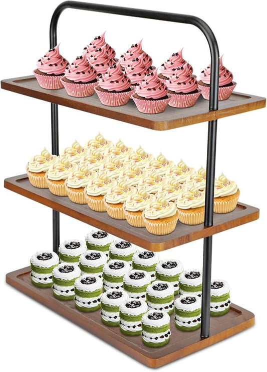 Solid Hardwood Cupcake Stand (Not Medium Density Fiberboard/Plywood), Raised Edges for 50 Cupcakes, 3 Tier Wooden Dessert Holder for Party, Woodsy Rustic Tower for Decor/Wedding/Birthday
