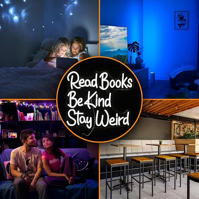 Read Books Be Kind Stay Weird Neon Sign Letter LED White Neon Lights Dimmable USB Powered 14.17’’X13’’Cool Wall Decorative Light Bedroom Bar Birthday Party Decoration Gifts （White)