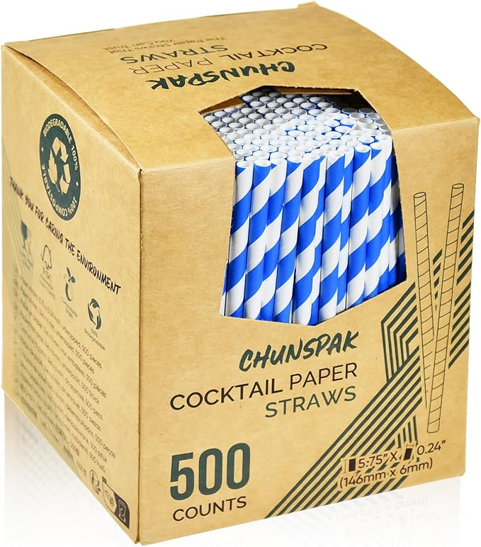 5.75 inch Blue/White Striped Paper Straws & Stirrer Sticks 500 Counts, for Cocktail, Coffee, Bars and Restaurants, Disposable