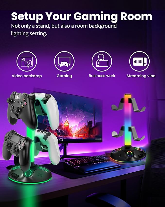 RGB Headphone Stand for Desk, Innovative Headset Stand with 9 Light Modes - Controller Holder with USB Charging and Type-c Port, Gamepad Earphone Accessories (Black)