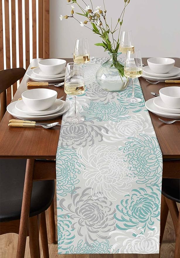Auqa Chrysanthemum Cotton Linen Table Runner for Dining Kitchen, Wedding Outdoor Party Tablerunners Decoration, Farmhouse Floral Botanical Leaves Dresser Scarf Coffee Tablecloth Runners 13x108 Inches