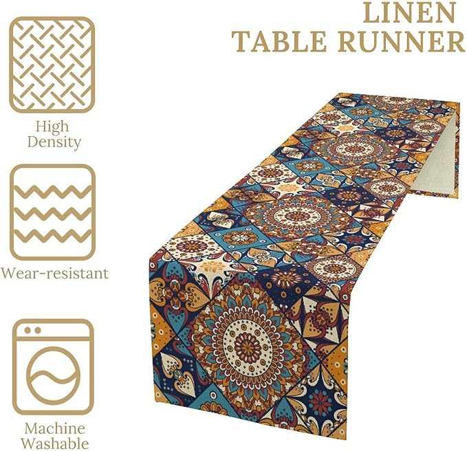 Vintage Mandala Table Runner, Bohemian Brown Blue Tile Traditional Indian Flowers Table Runner for Kitchen Dining Table Office Wedding Party Holiday Home Decor, 13x70inch