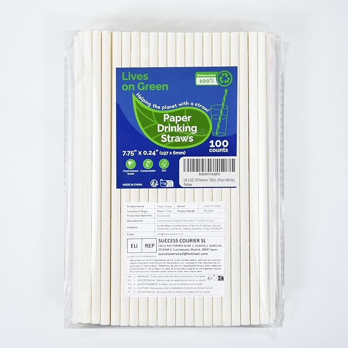 7.75 inch Disposable Paper Drinking Straws, Dye-free White, for Cocktails, Juice, Beverage, Coffee - 100 Counts