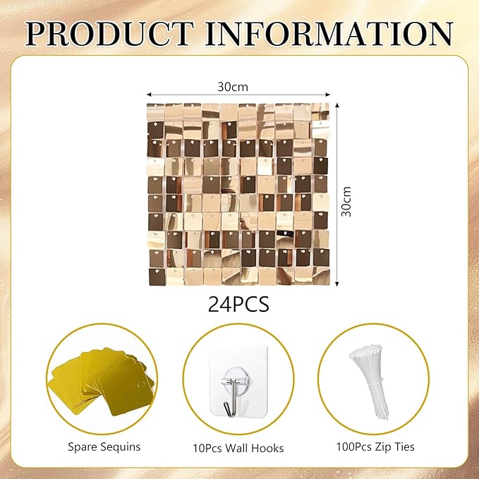24PCS Champagne Gold Shimmer Wall Backdrop, Square Sequin Photo Backdrops Panel, Glitter Wall Background for Birthdays, Weddings, Graduation, Engagements, Disco Bachelorette Party Decoration (4FTx6FT)