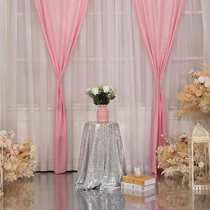 Poise3EHome 2Pcs 3Ft x 8Ft Pink Sequin Backdrop Curtain, Glitter Photography Background, Sequence Xmas Thanksgiving Backdrop for Wedding Party Holiday Festival Decor