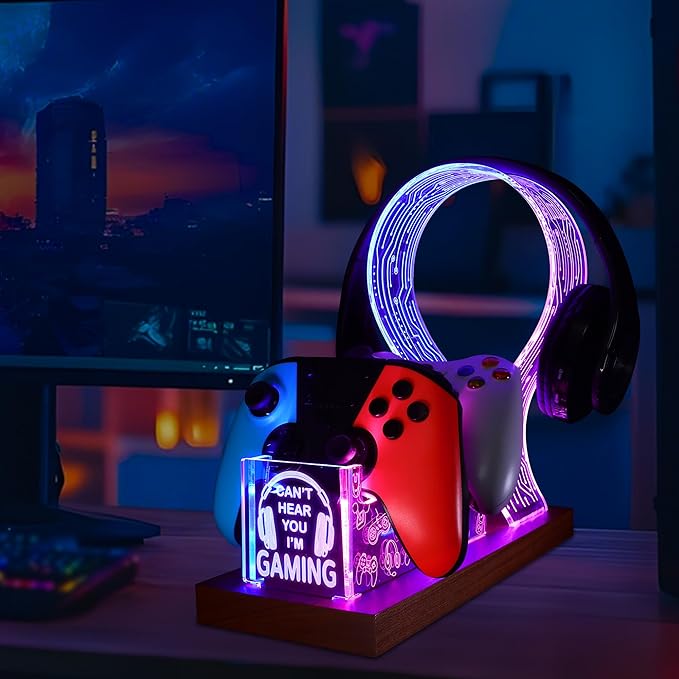 YuanDian Gamer Gifts for Teenage Boy, Can't Hear You I'm Gaming Headset and Controller Stand, Acrylic Wooden Controller Holder with Blue Pink LED Night Light, Desk Decor Gift
