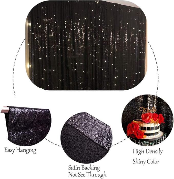 SquarePie Sequin Backdrop Less Transparent Background Sparkly Curtain for Wedding Halloween Party 6FT x 8FT Black