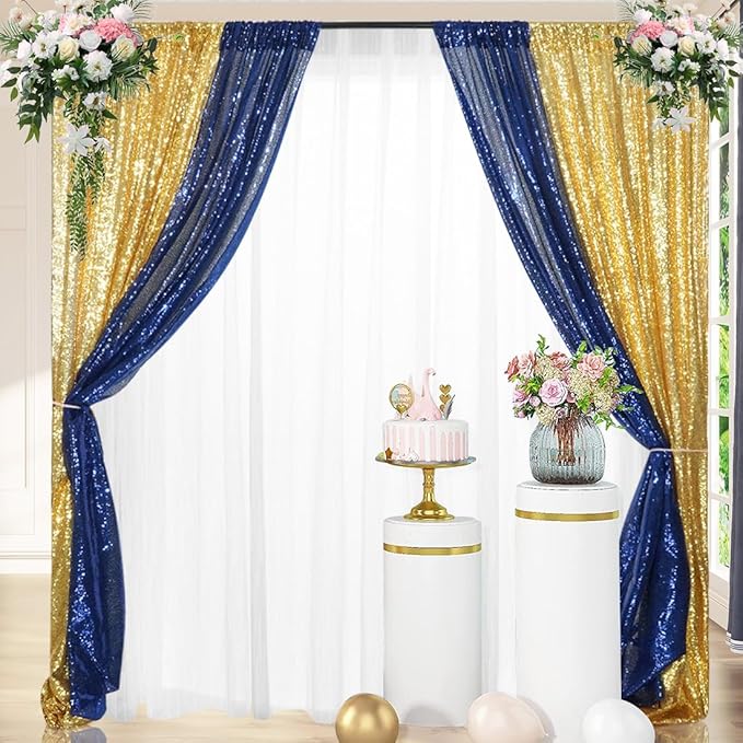 4 Panels Gold&Blue Sequin Backdrop Curtain 2FTx8FT Glitter Sequin Backdrop Curtains for Birthday Party Wedding Decoration