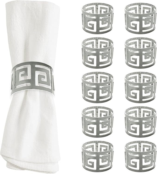 Shiny Silver Napkin Rings Set of 12, Greek Key Round, Modern Cuff Design for Wedding Party Decorations, Kitchen, Holiday Table,Rust Proof,Hotel, Home,Iron, Table Accessories for Dining,Gift