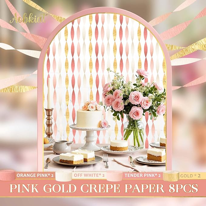 AOBKIAT Wedding Party Decorations, 8 Rolls Pink Gold Crepe Paper Streamers for Wedding, Bachelorette, Birthday, Baby Bridal Shower, Valentines Day Party Backdrop Decorations, 82ft Long