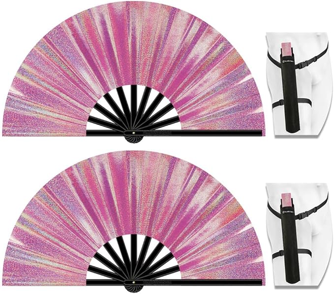 13" Large Folding Rave Fan with Holster, Clack Hand Fans Foldable for Line Dancing, Boots On The Ground Fan for Women Men Festival EDM Party Decoration, Lridescent Pink 2 Pack
