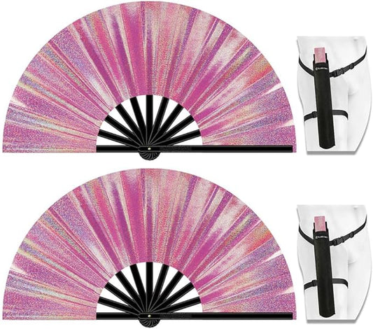 13" Large Folding Rave Fan with Holster, Clack Hand Fans Foldable for Line Dancing, Boots On The Ground Fan for Women Men Festival EDM Party Decoration, Lridescent Pink 2 Pack